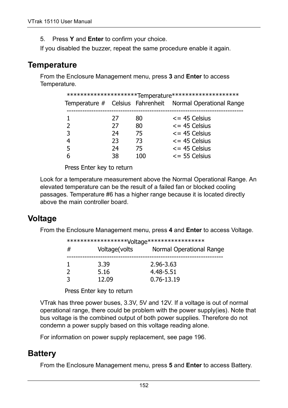 Temperature, Voltage, Battery | Temperature voltage battery | Promise Technology VTrak 15110 User Manual | Page 160 / 264