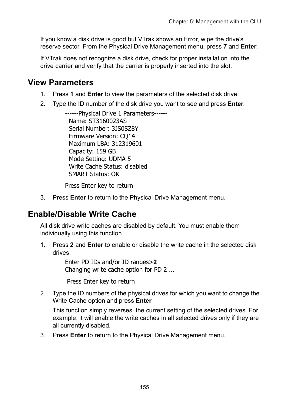 View parameters, Enable/disable write cache, View parameters enable/disable write cache | Promise Technology VTrak 15110 User Manual | Page 163 / 264