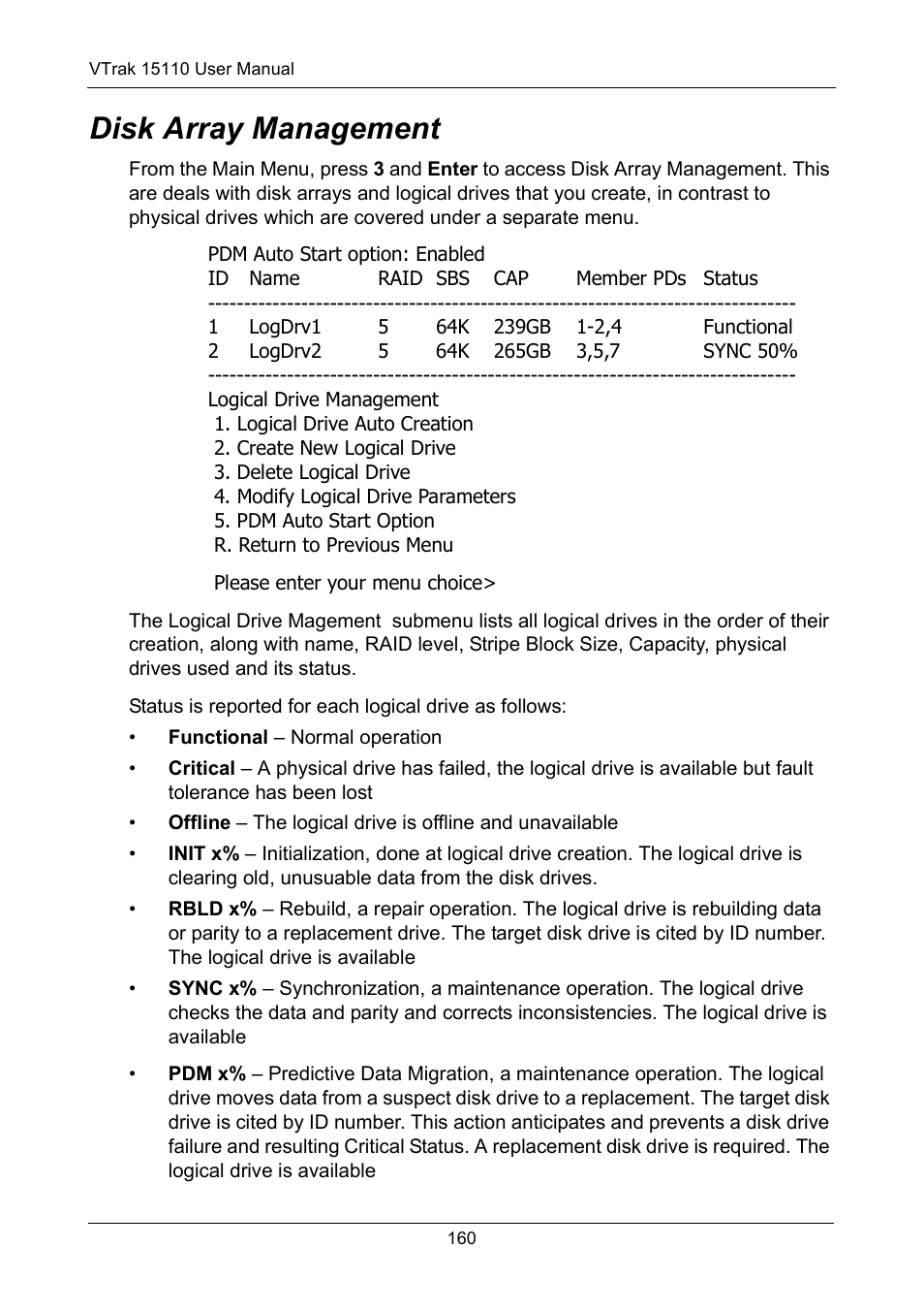 Disk array management | Promise Technology VTrak 15110 User Manual | Page 168 / 264