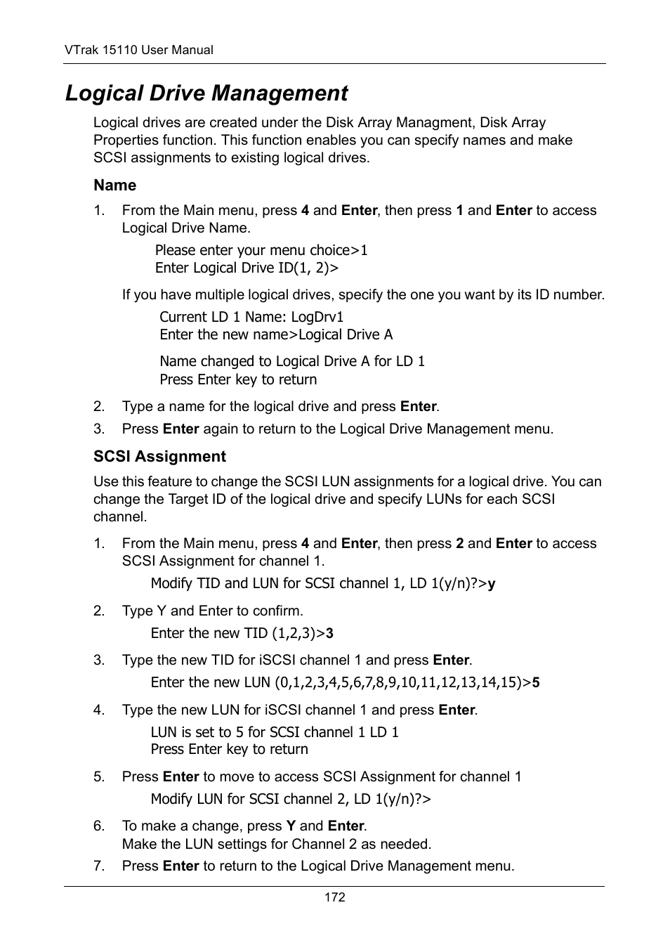 Logical drive management, Name, Scsi assignment | Promise Technology VTrak 15110 User Manual | Page 180 / 264