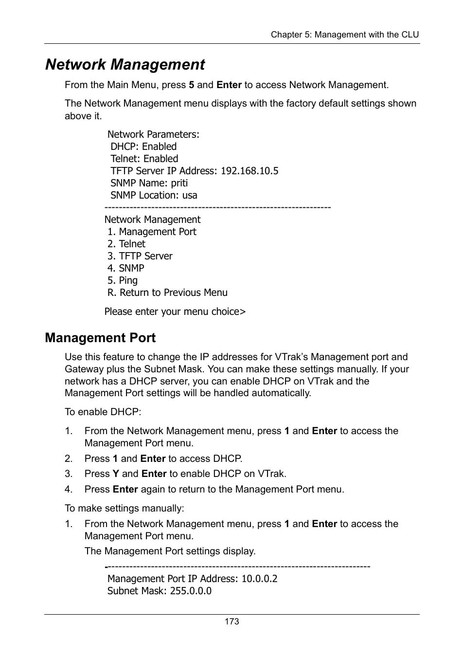 Network management, Management port | Promise Technology VTrak 15110 User Manual | Page 181 / 264