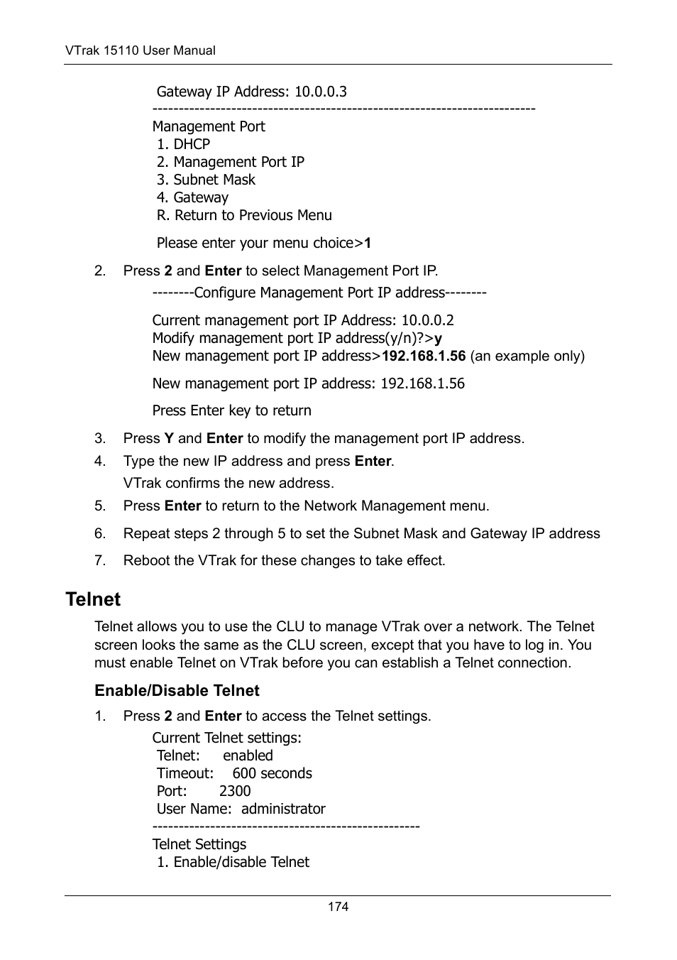 Telnet, Enable/disable telnet | Promise Technology VTrak 15110 User Manual | Page 182 / 264