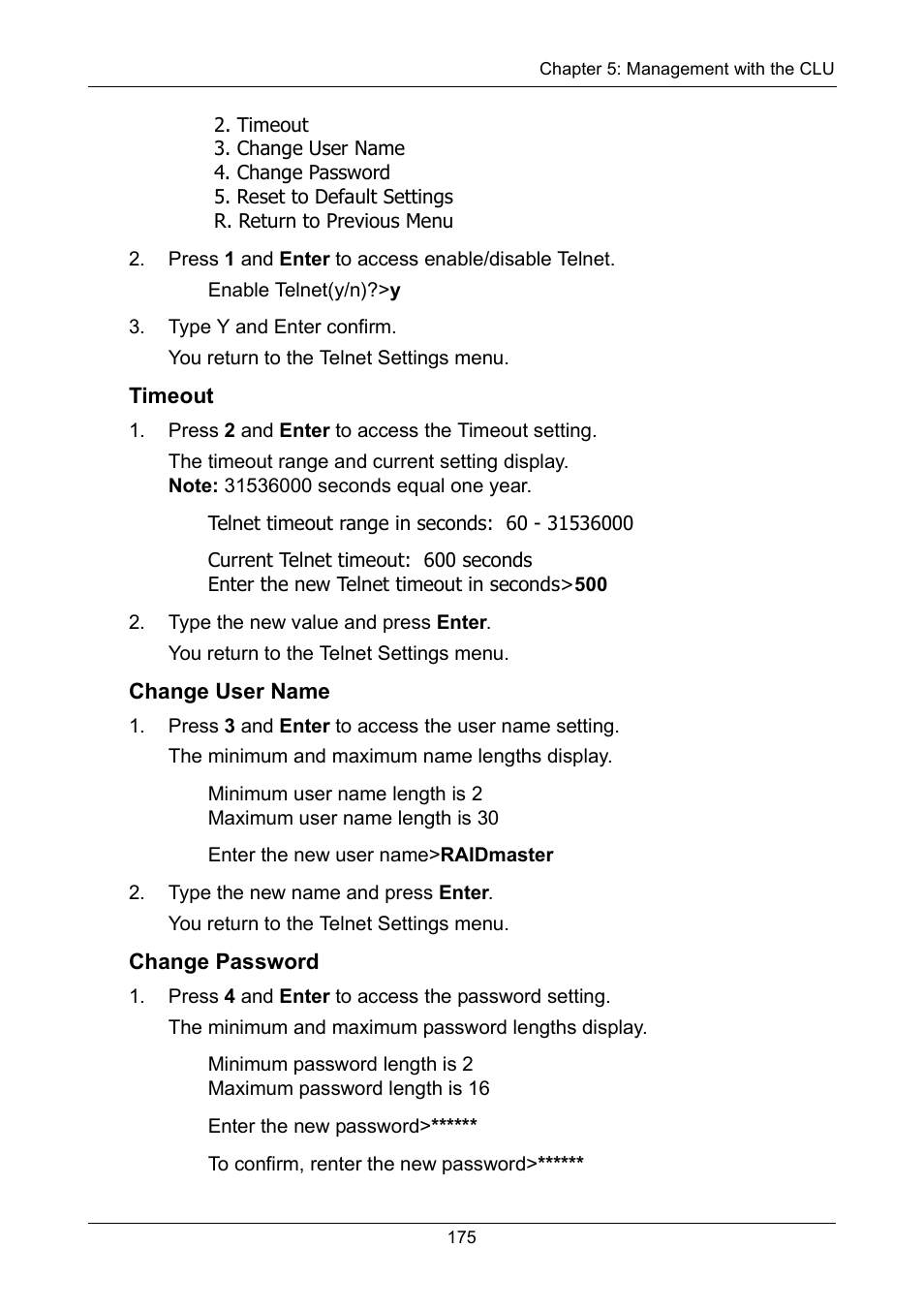 Timeout, Change user name, Change password | Promise Technology VTrak 15110 User Manual | Page 183 / 264