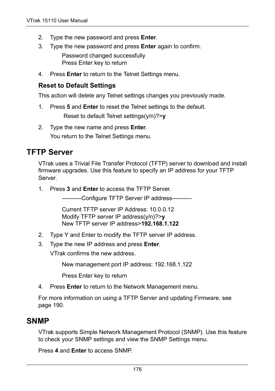 Reset to default settings, Tftp server, Snmp | Tftp server snmp | Promise Technology VTrak 15110 User Manual | Page 184 / 264