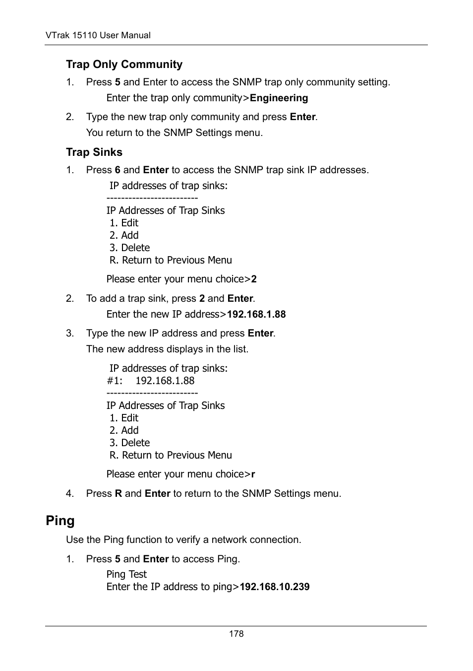 Trap only community, Trap sinks, Ping | Promise Technology VTrak 15110 User Manual | Page 186 / 264