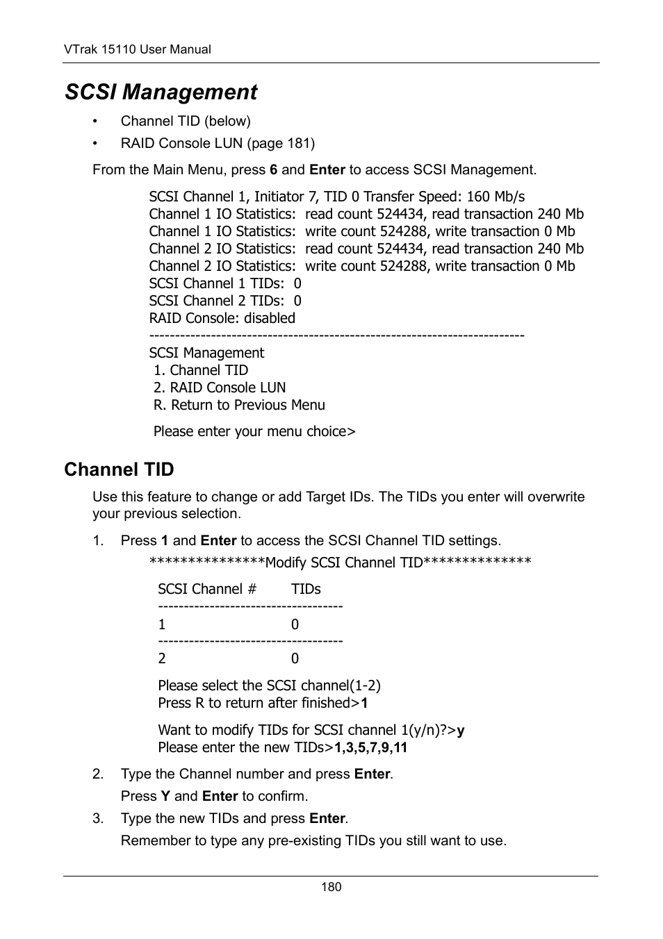 Scsi management, Channel tid | Promise Technology VTrak 15110 User Manual | Page 188 / 264