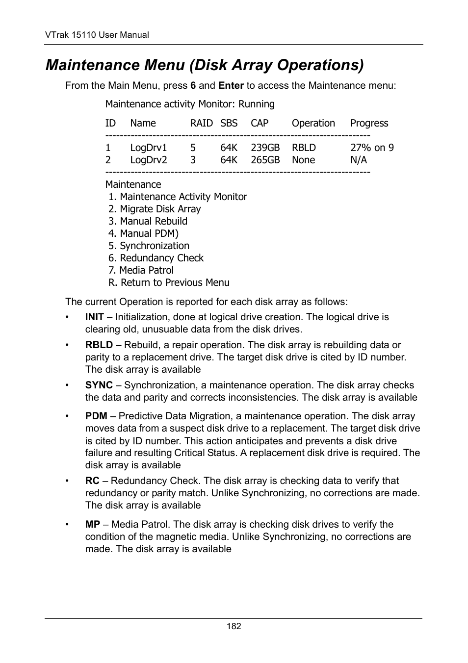 Maintenance menu (disk array operations) | Promise Technology VTrak 15110 User Manual | Page 190 / 264
