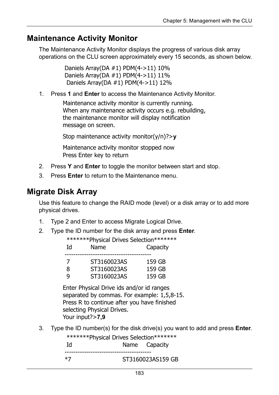 Maintenance activity monitor, Migrate disk array, Maintenance activity monitor migrate disk array | Promise Technology VTrak 15110 User Manual | Page 191 / 264