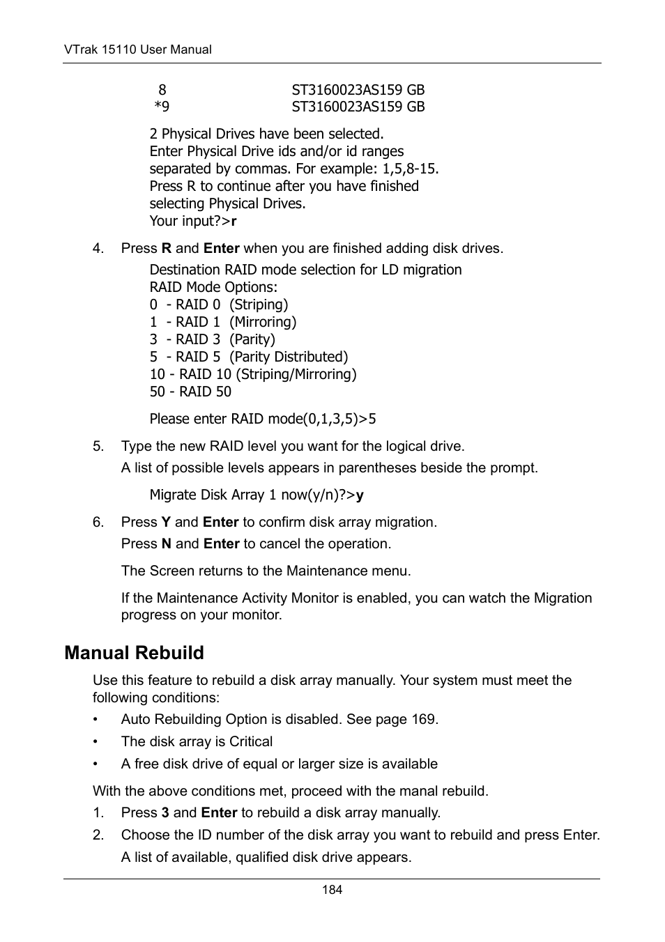Manual rebuild | Promise Technology VTrak 15110 User Manual | Page 192 / 264