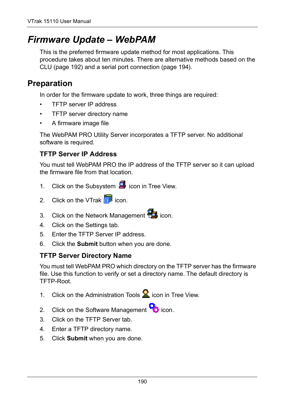Firmware update - webpam, Preparation, Tftp server ip address | Tftp server directory name, Firmware update – webpam | Promise Technology VTrak 15110 User Manual | Page 198 / 264