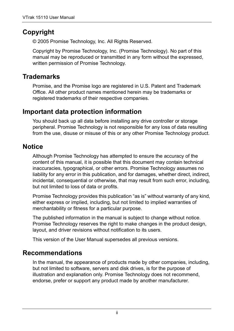 Copyright, Trademarks, Important data protection information | Notice, Recommendations | Promise Technology VTrak 15110 User Manual | Page 2 / 264