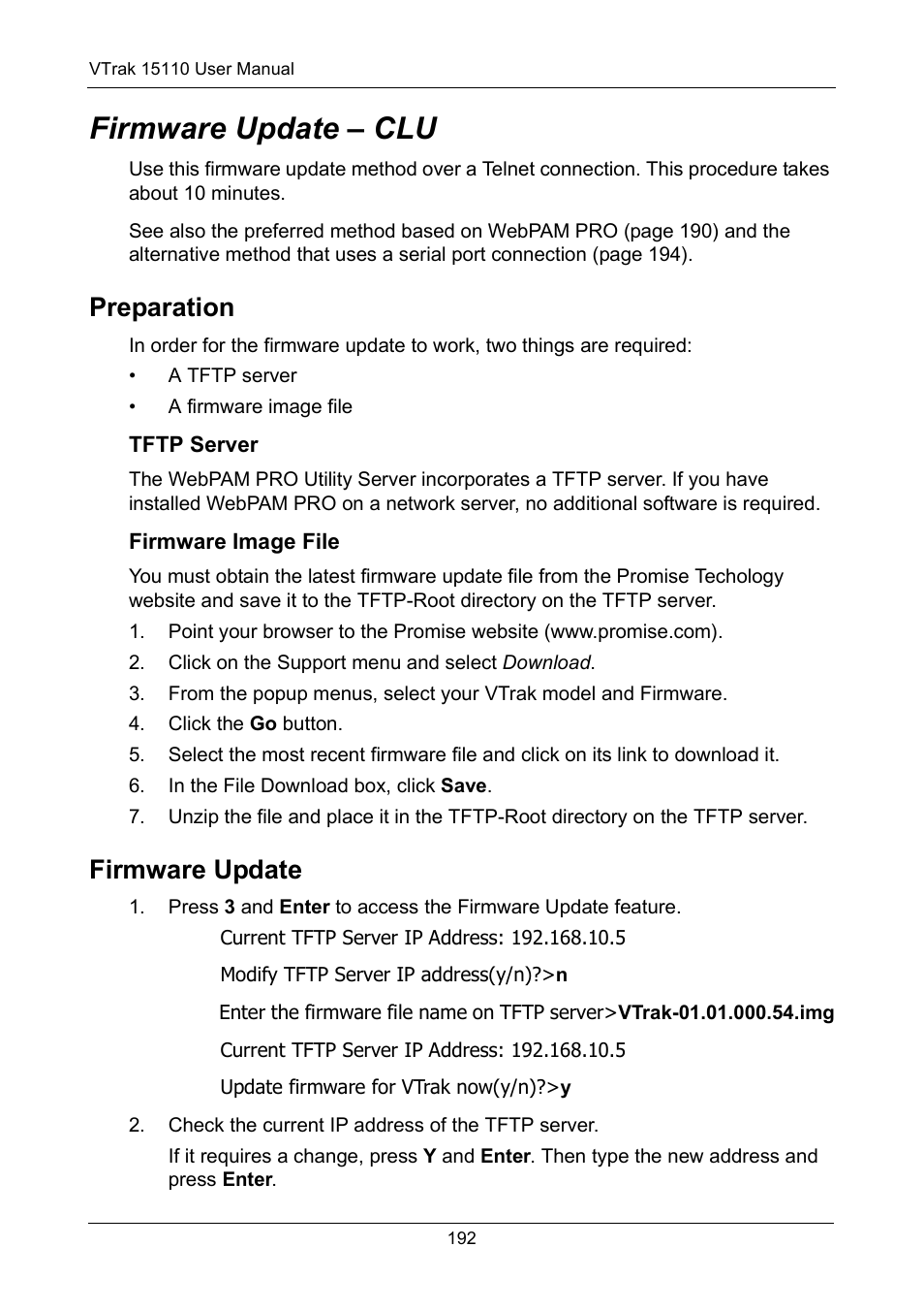 Firmware update - clu, Preparation, Tftp server | Firmware image file, Firmware update, Firmware update – clu, Preparation firmware update | Promise Technology VTrak 15110 User Manual | Page 200 / 264