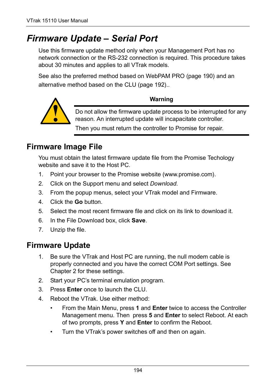 Firmware update - serial port, Firmware image file, Firmware update | Firmware update – serial port, Firmware image file firmware update | Promise Technology VTrak 15110 User Manual | Page 202 / 264