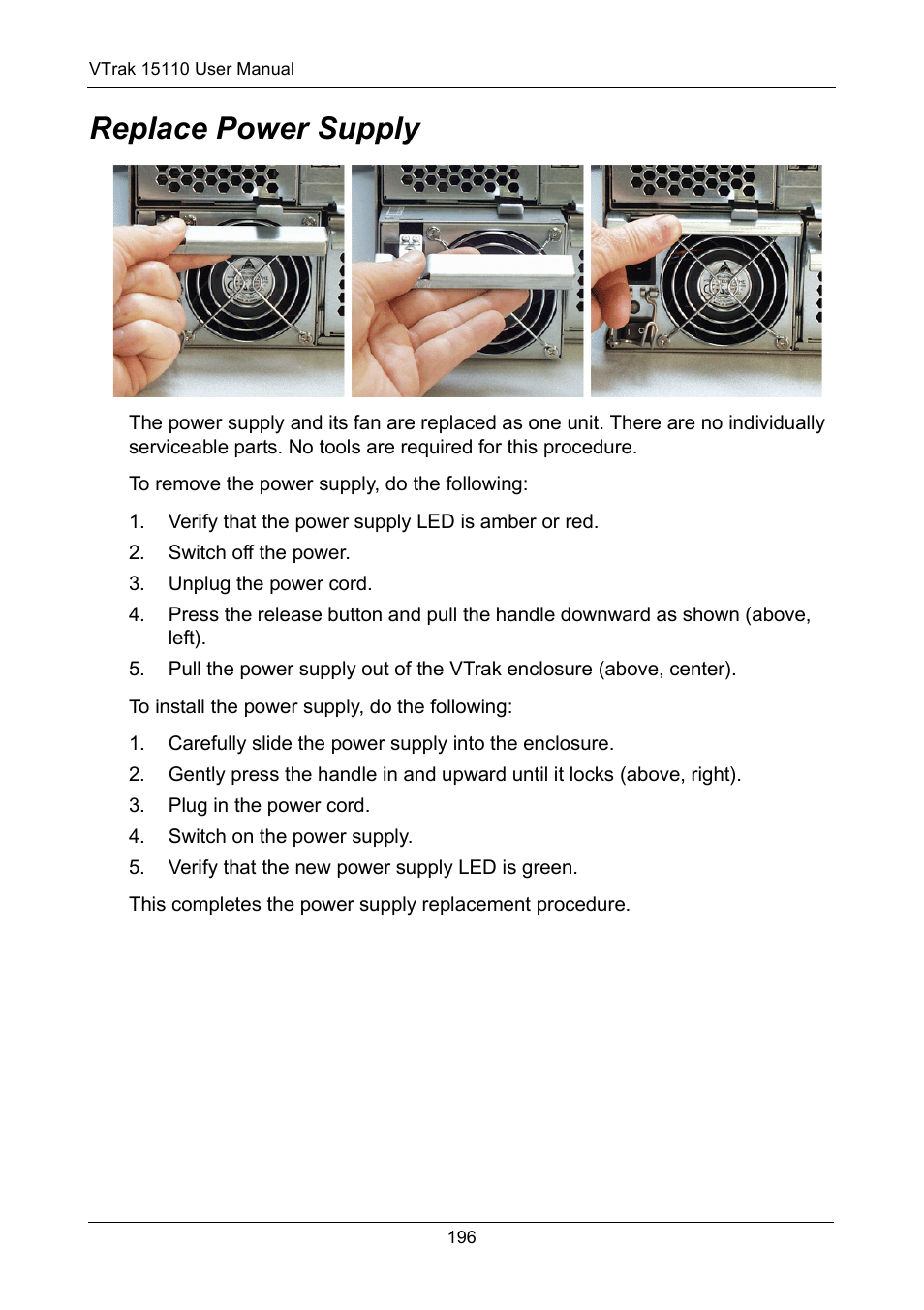 Replace power supply | Promise Technology VTrak 15110 User Manual | Page 204 / 264