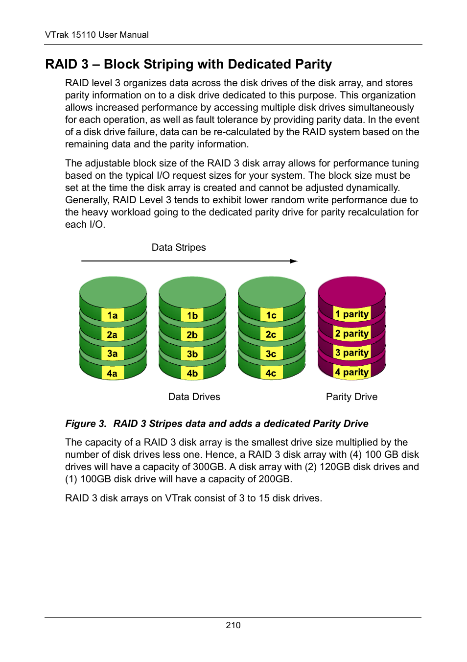 Raid 3 - block striping with dedicated parity, Raid 3 – block striping with dedicated parity | Promise Technology VTrak 15110 User Manual | Page 218 / 264