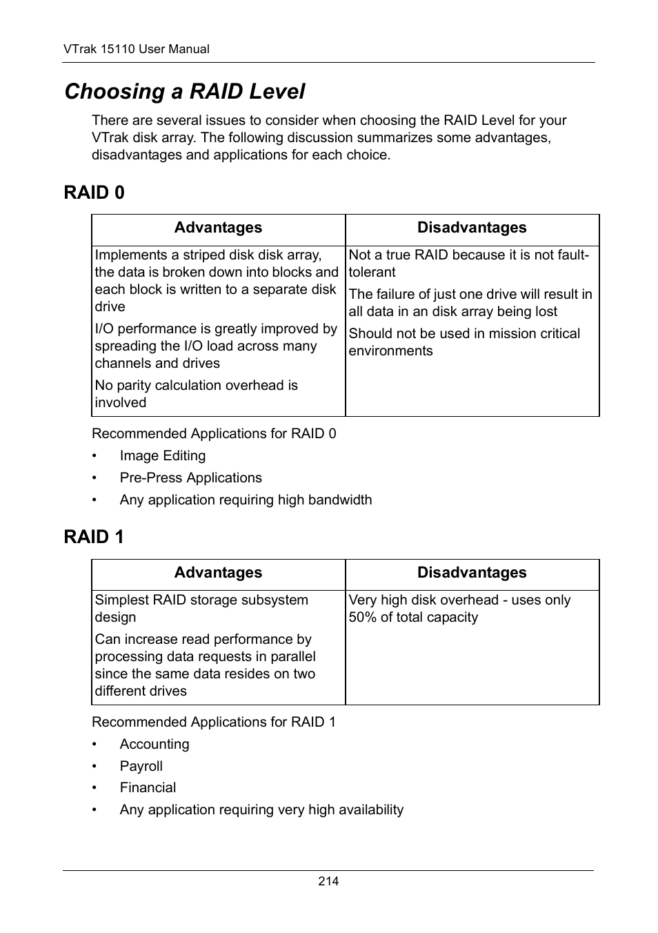 Choosing a raid level, Raid 0, Raid 1 | Promise Technology VTrak 15110 User Manual | Page 222 / 264