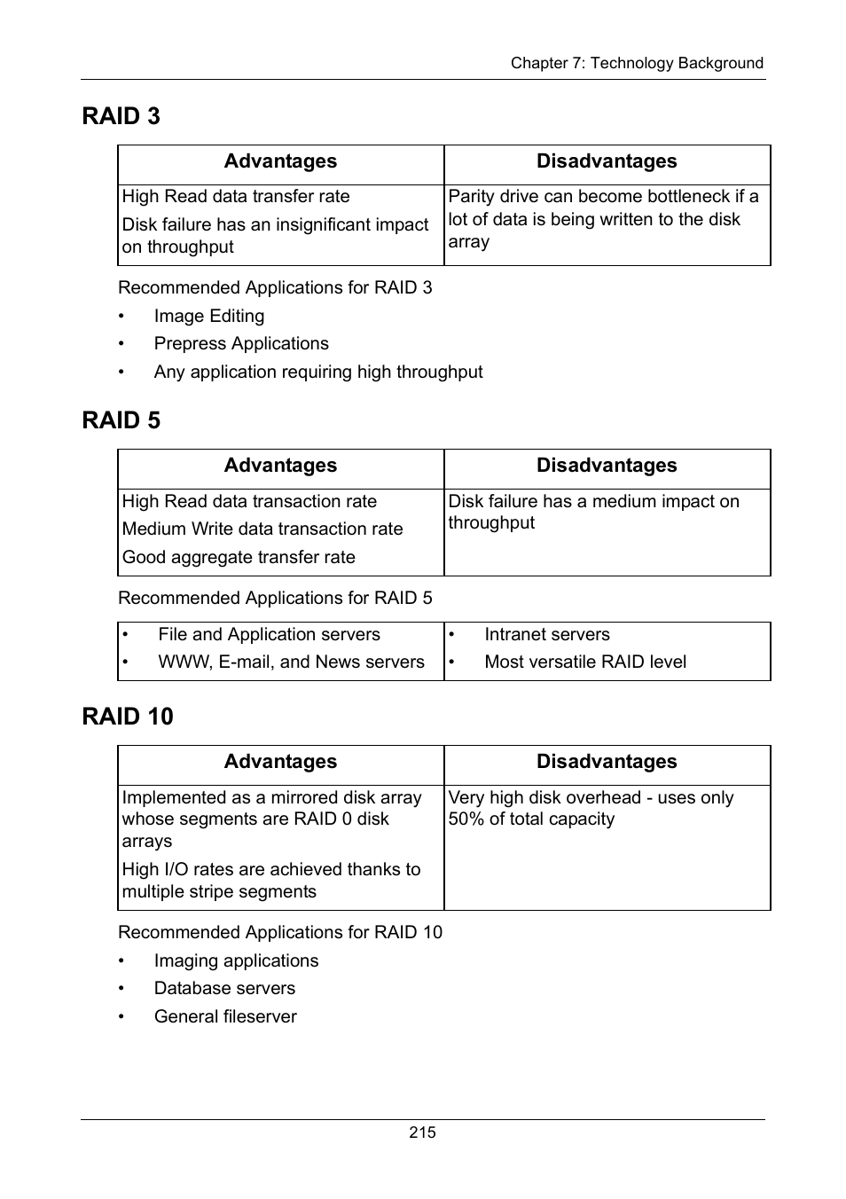 Raid 3, Raid 5, Raid 10 | Promise Technology VTrak 15110 User Manual | Page 223 / 264