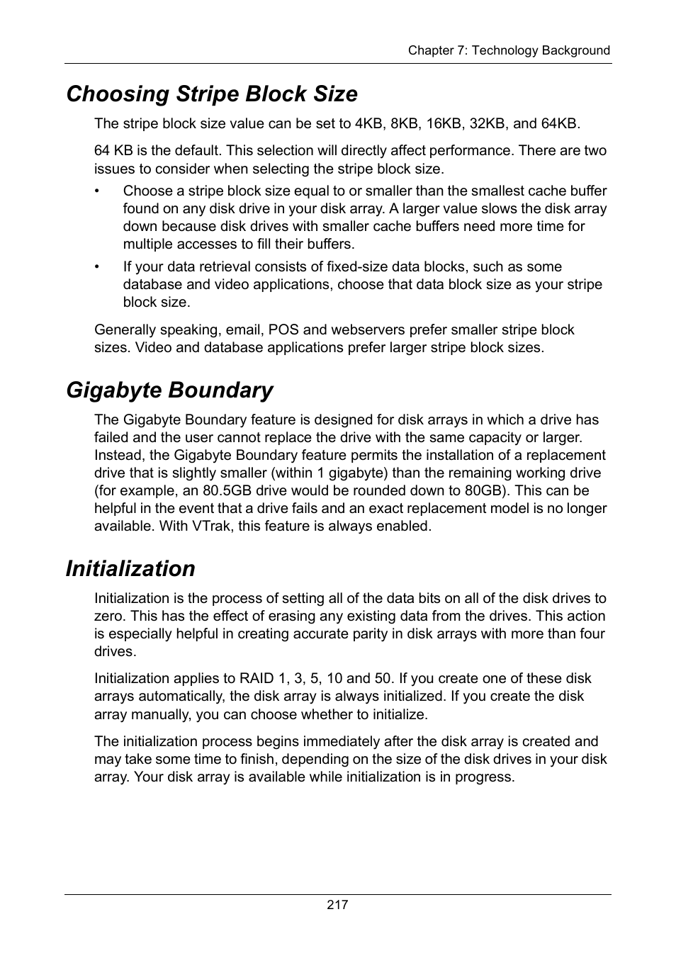 Choosing stripe block size, Gigabyte boundary, Initialization | Promise Technology VTrak 15110 User Manual | Page 225 / 264