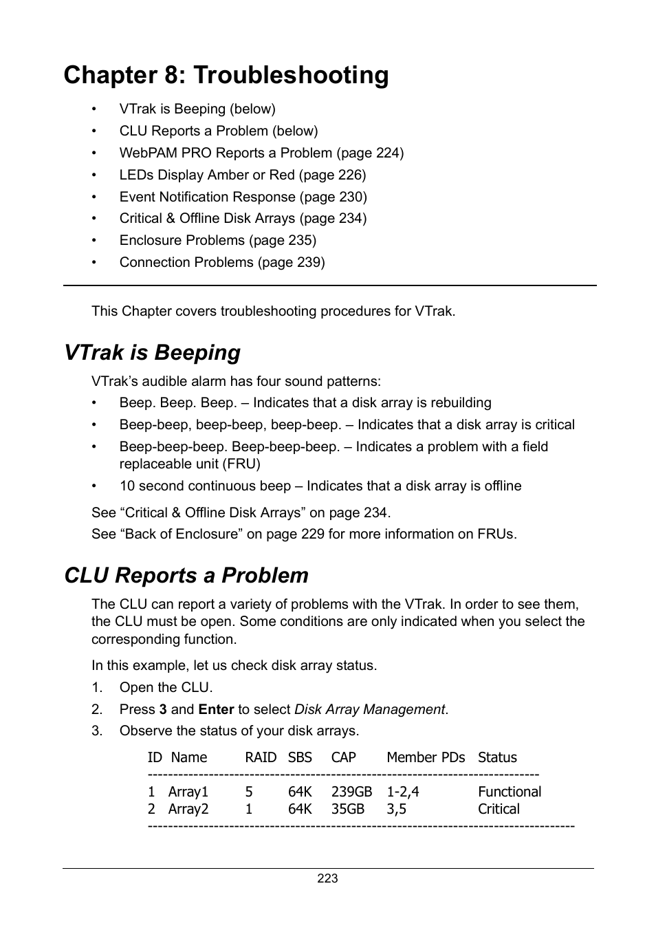 Chapter 8: troubleshooting, Vtrak is beeping, Clu reports a problem | Vtrak is beeping clu reports a problem | Promise Technology VTrak 15110 User Manual | Page 231 / 264