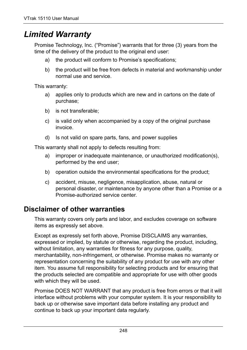 Limited warranty, Disclaimer of other warranties | Promise Technology VTrak 15110 User Manual | Page 256 / 264