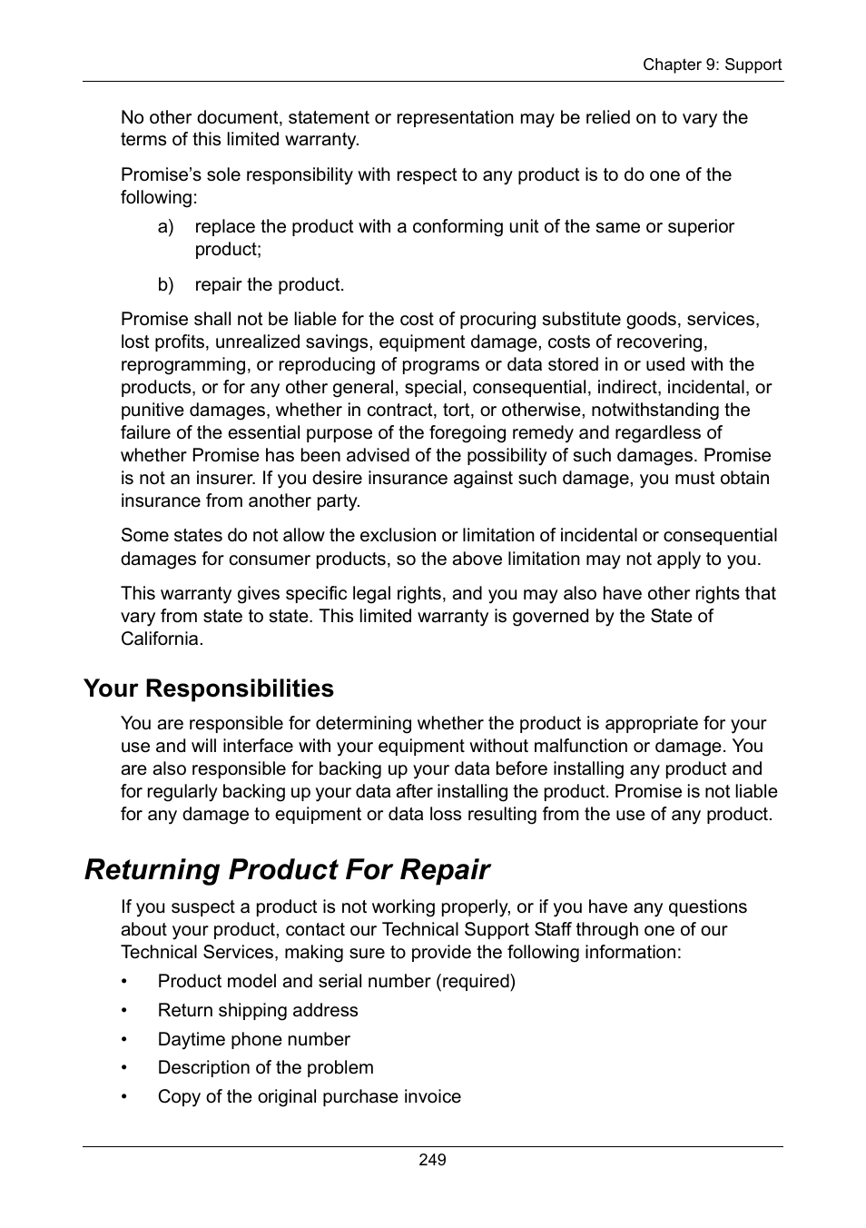 Returning product for repair, Your responsibilities | Promise Technology VTrak 15110 User Manual | Page 257 / 264