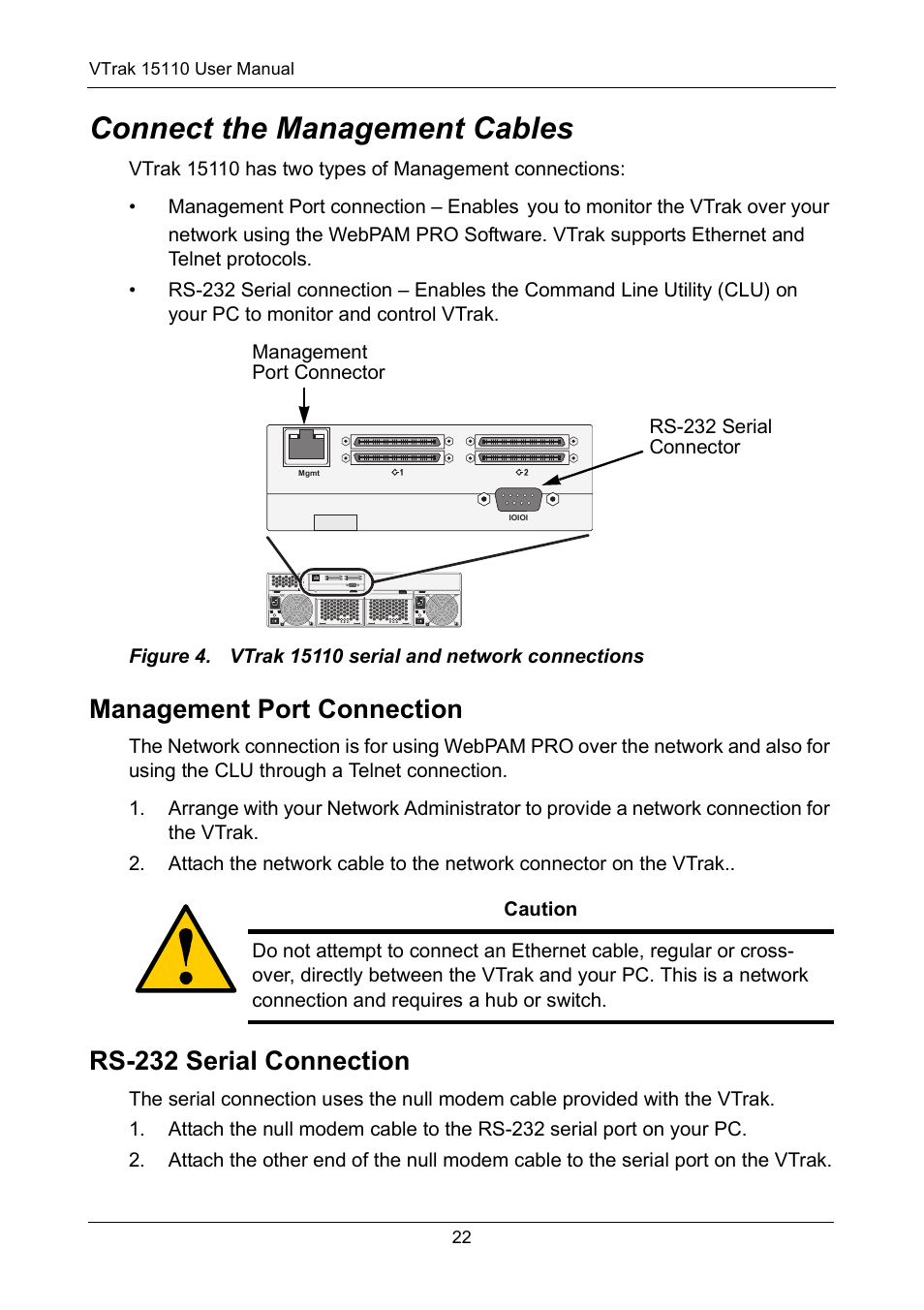 Connect the management cables, Management port connection, Rs-232 serial connection | Promise Technology VTrak 15110 User Manual | Page 30 / 264