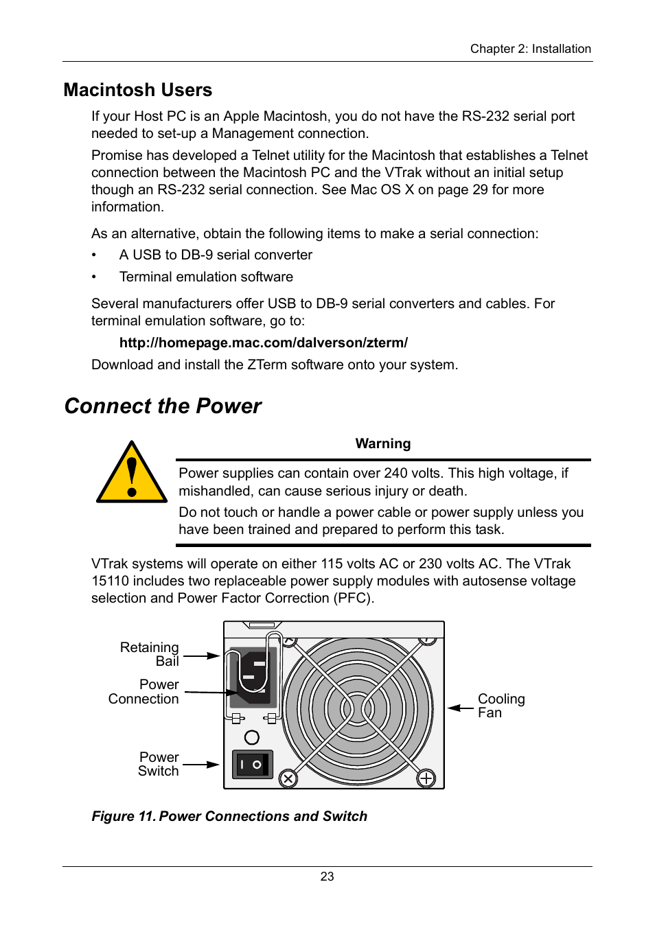 Macintosh users, Connect the power | Promise Technology VTrak 15110 User Manual | Page 31 / 264