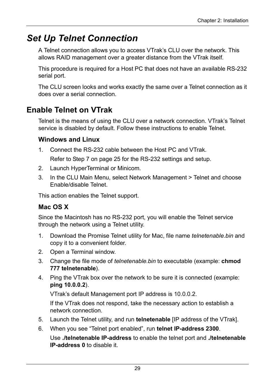 Set up telnet connection, Enable telnet on vtrak, Windows and linux | Mac os x | Promise Technology VTrak 15110 User Manual | Page 37 / 264