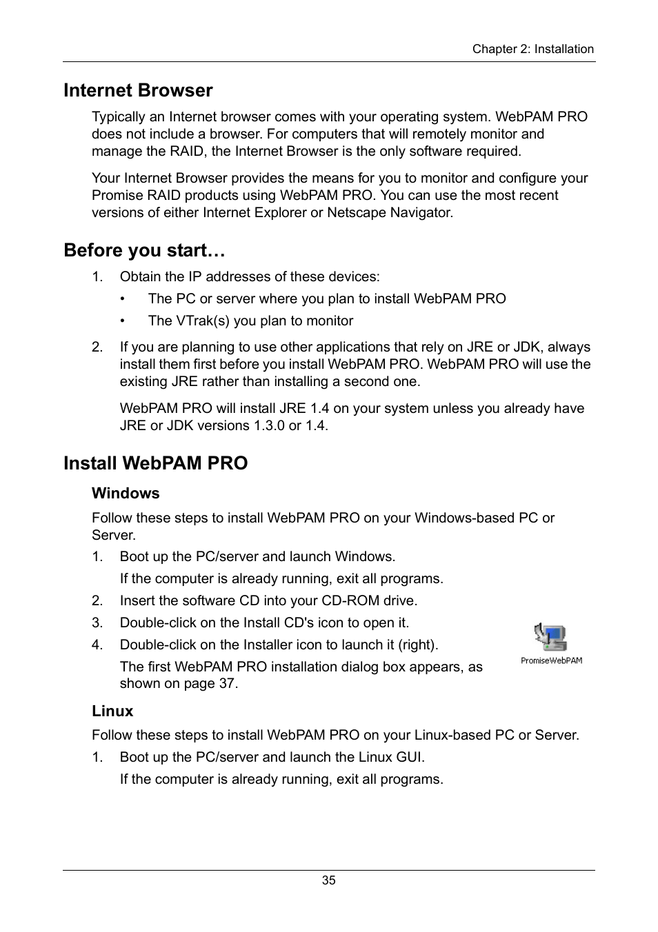 Internet browser, Before you start, Install webpam pro | Windows, Linux | Promise Technology VTrak 15110 User Manual | Page 43 / 264