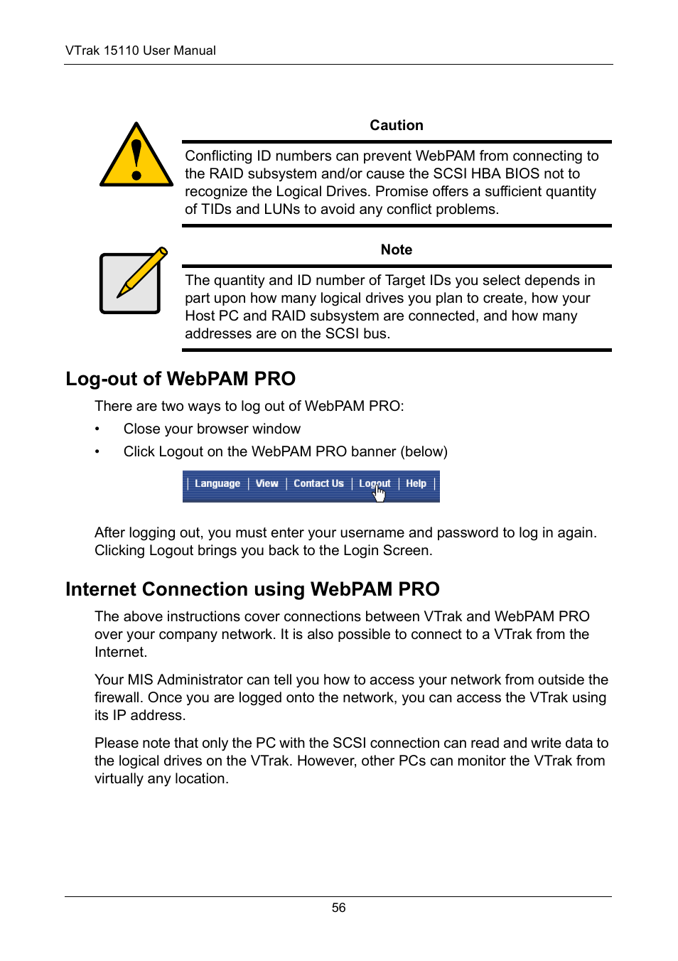 Log-out of webpam pro, Internet connection using webpam pro | Promise Technology VTrak 15110 User Manual | Page 64 / 264