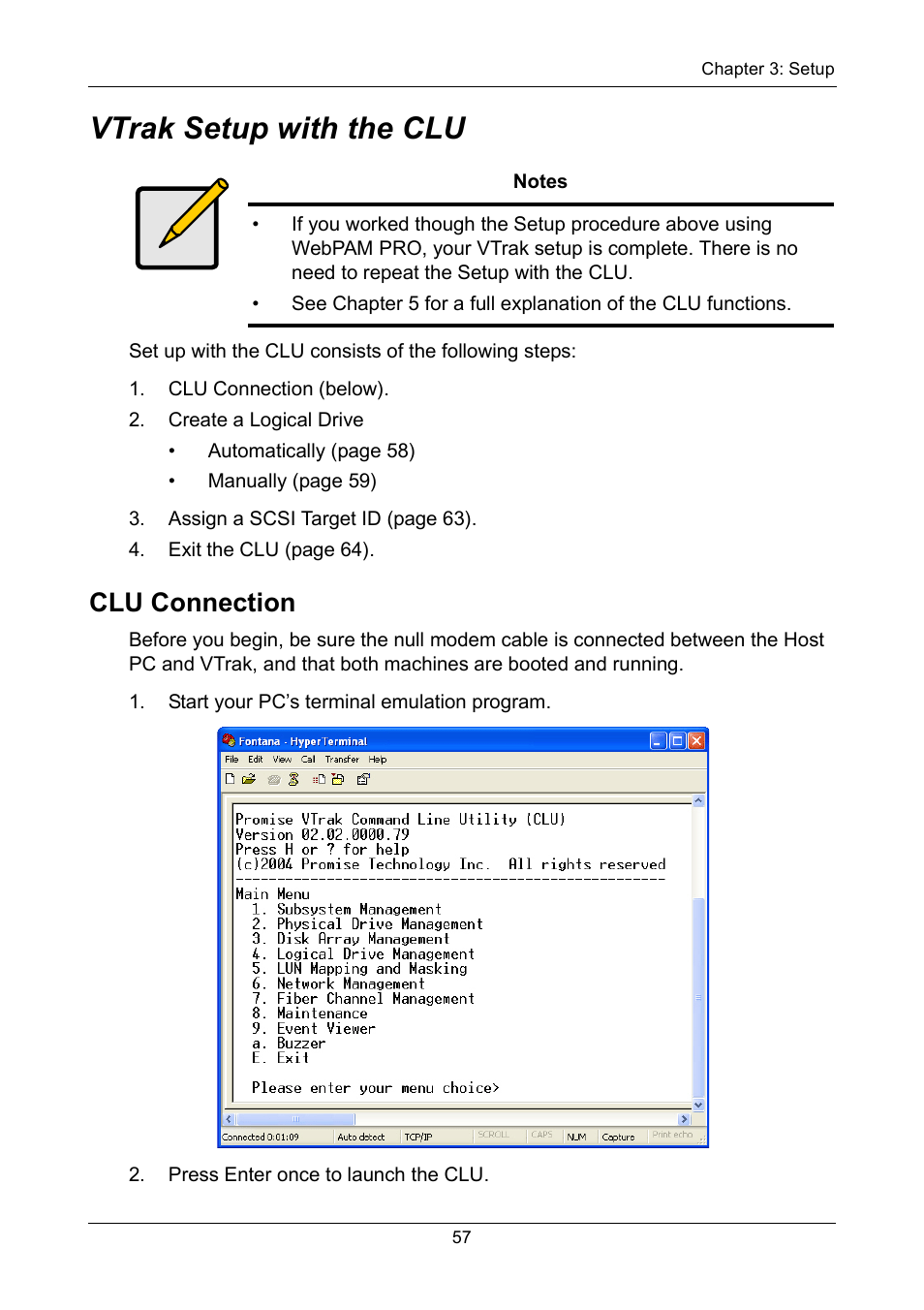 Vtrak setup with the clu, Clu connection | Promise Technology VTrak 15110 User Manual | Page 65 / 264