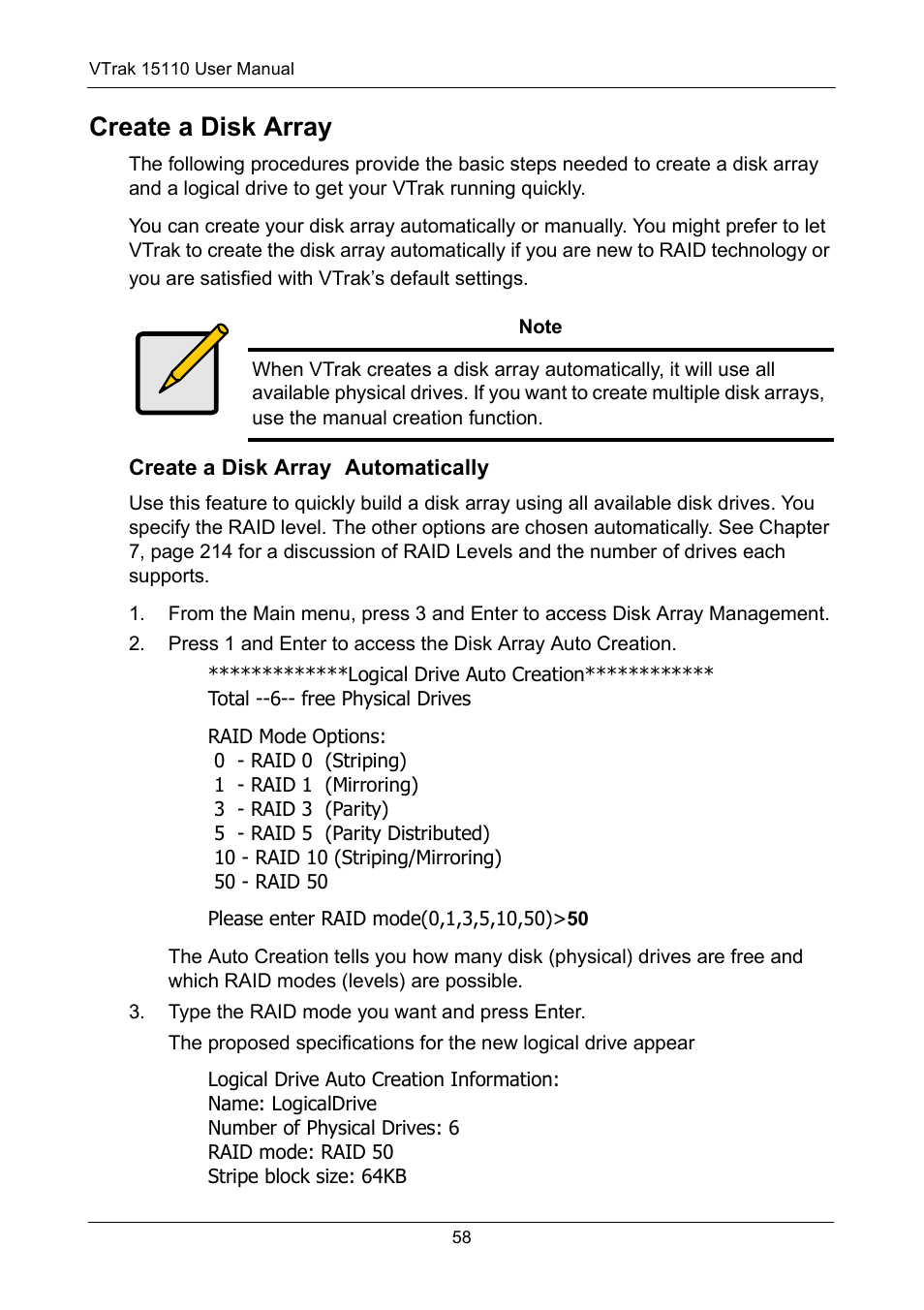 Create a disk array, Create a disk array automatically | Promise Technology VTrak 15110 User Manual | Page 66 / 264