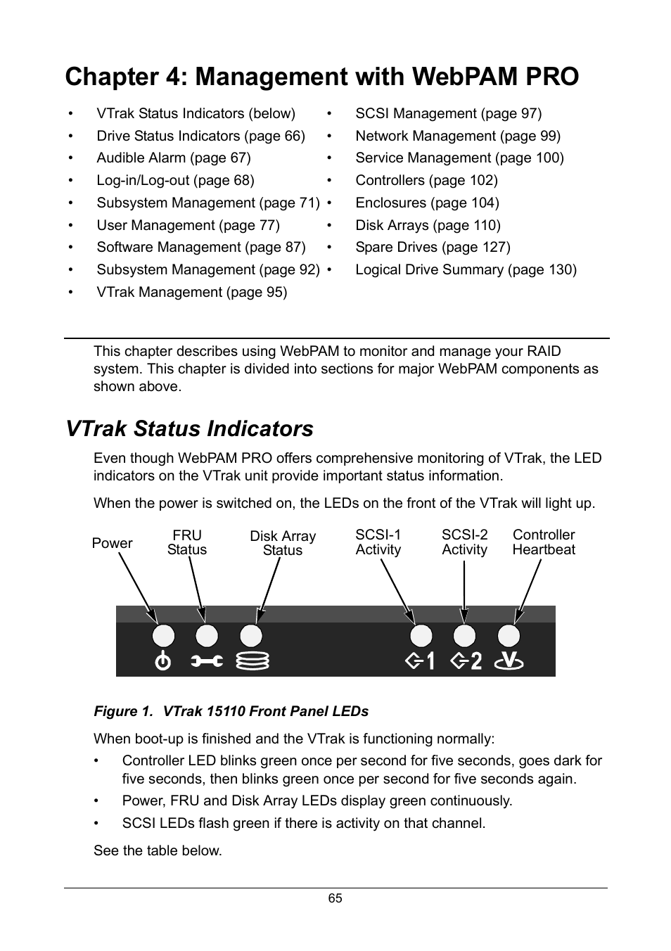 Chapter 4: management with webpam pro, Vtrak status indicators | Promise Technology VTrak 15110 User Manual | Page 73 / 264