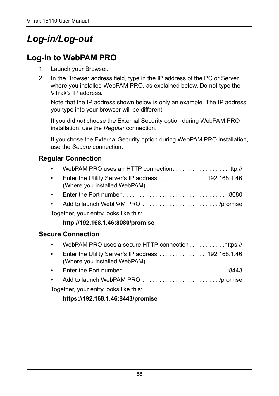 Log-in/log-out, Log-in to webpam pro, Regular connection | Secure connection | Promise Technology VTrak 15110 User Manual | Page 76 / 264