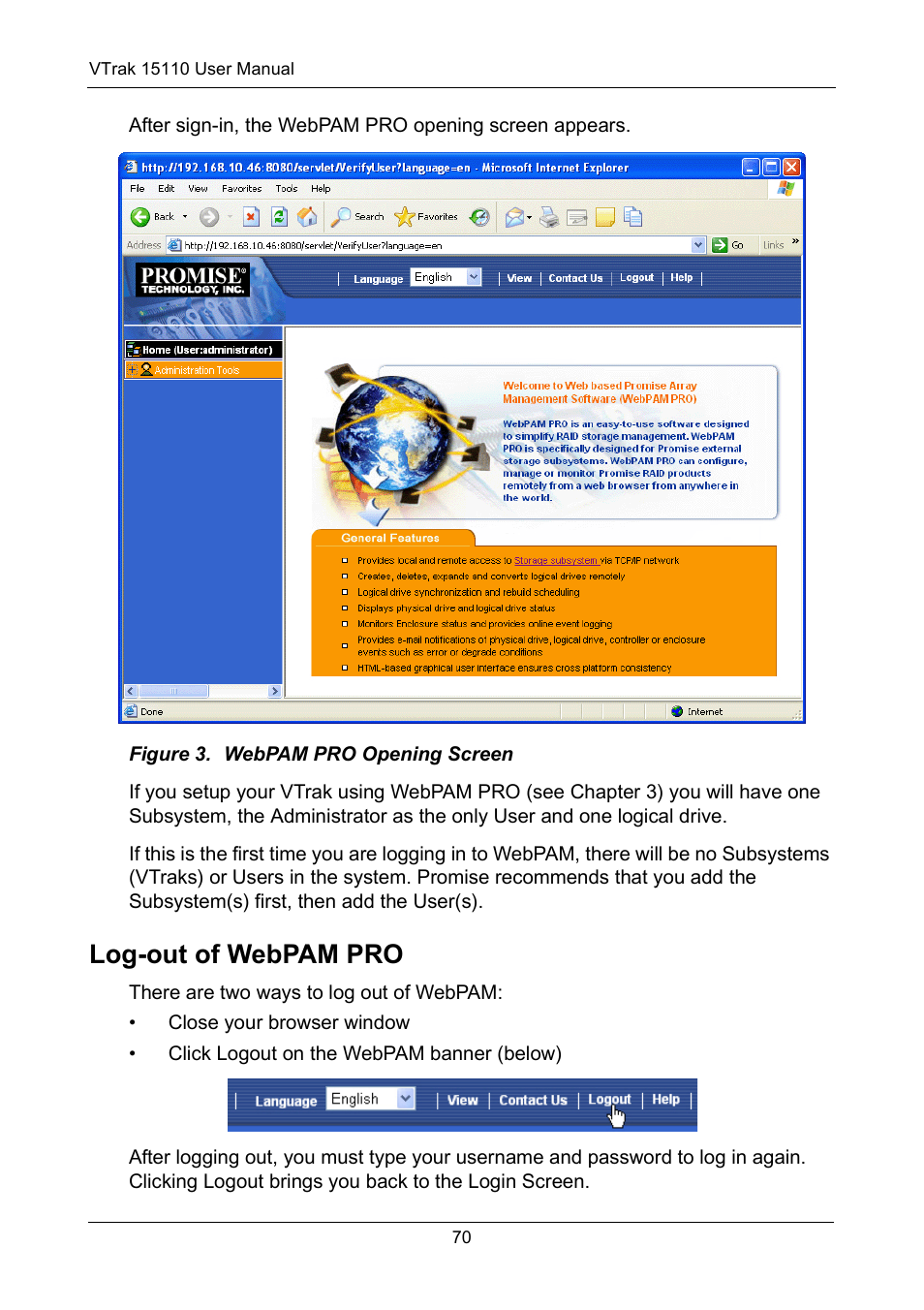 Log-out of webpam pro | Promise Technology VTrak 15110 User Manual | Page 78 / 264