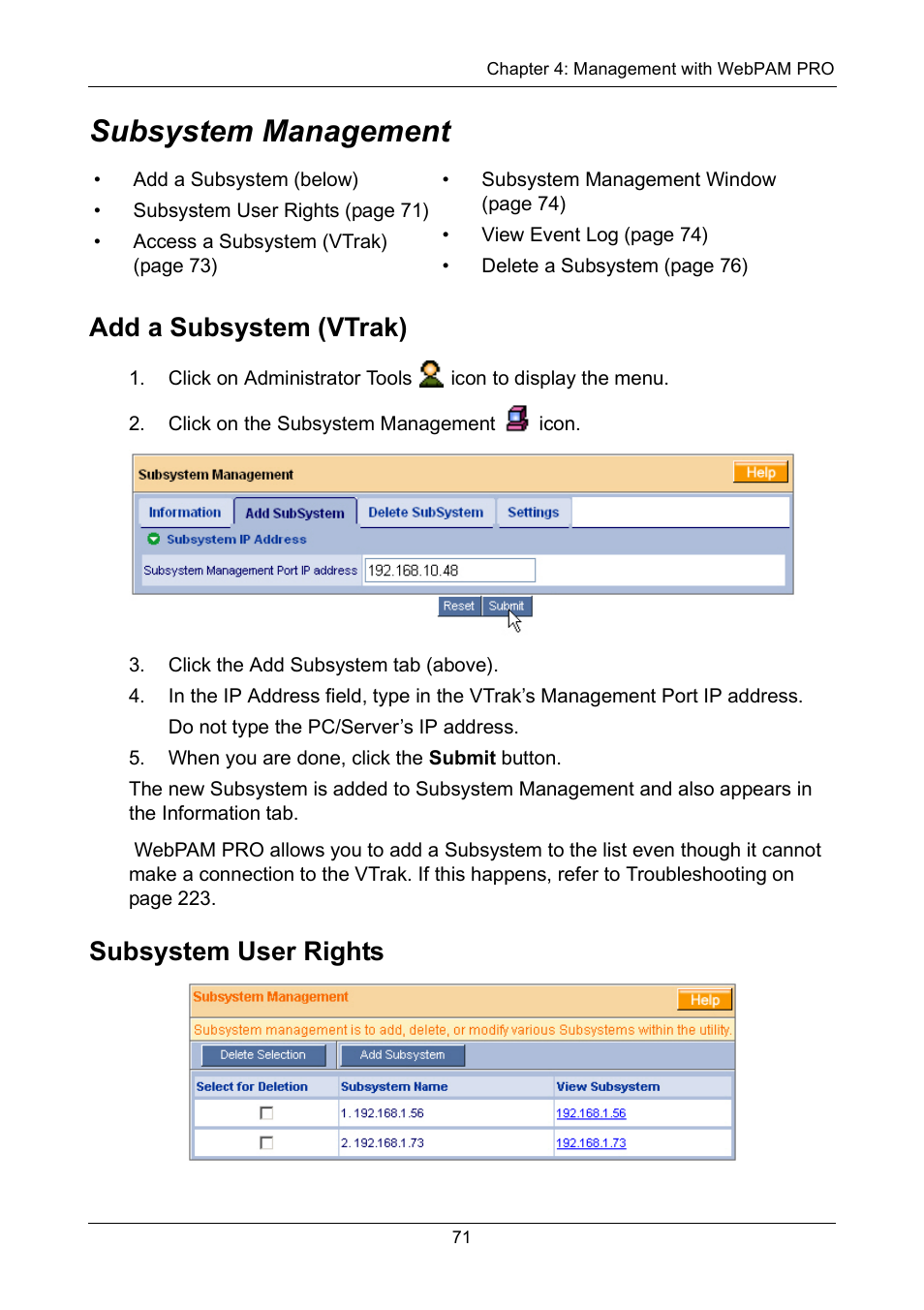 Subsystem management, Add a subsystem (vtrak), Subsystem user rights | Add a subsystem (vtrak) subsystem user rights | Promise Technology VTrak 15110 User Manual | Page 79 / 264