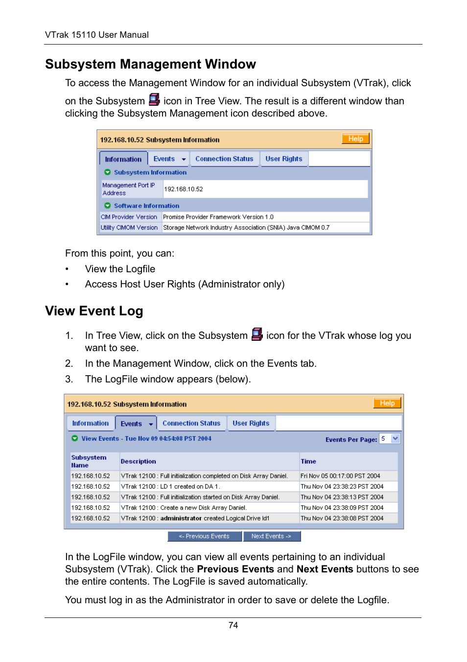 Subsystem management window, View event log, Subsystem management window view event log | Promise Technology VTrak 15110 User Manual | Page 82 / 264