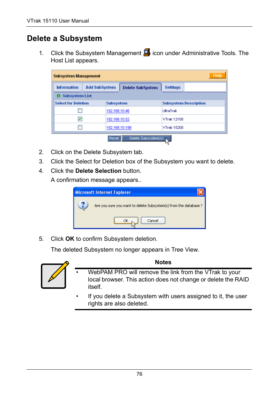 Delete a subsystem | Promise Technology VTrak 15110 User Manual | Page 84 / 264