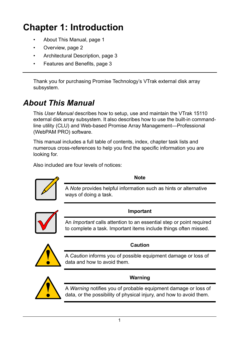 Chapter 1: introduction, About this manual | Promise Technology VTrak 15110 User Manual | Page 9 / 264