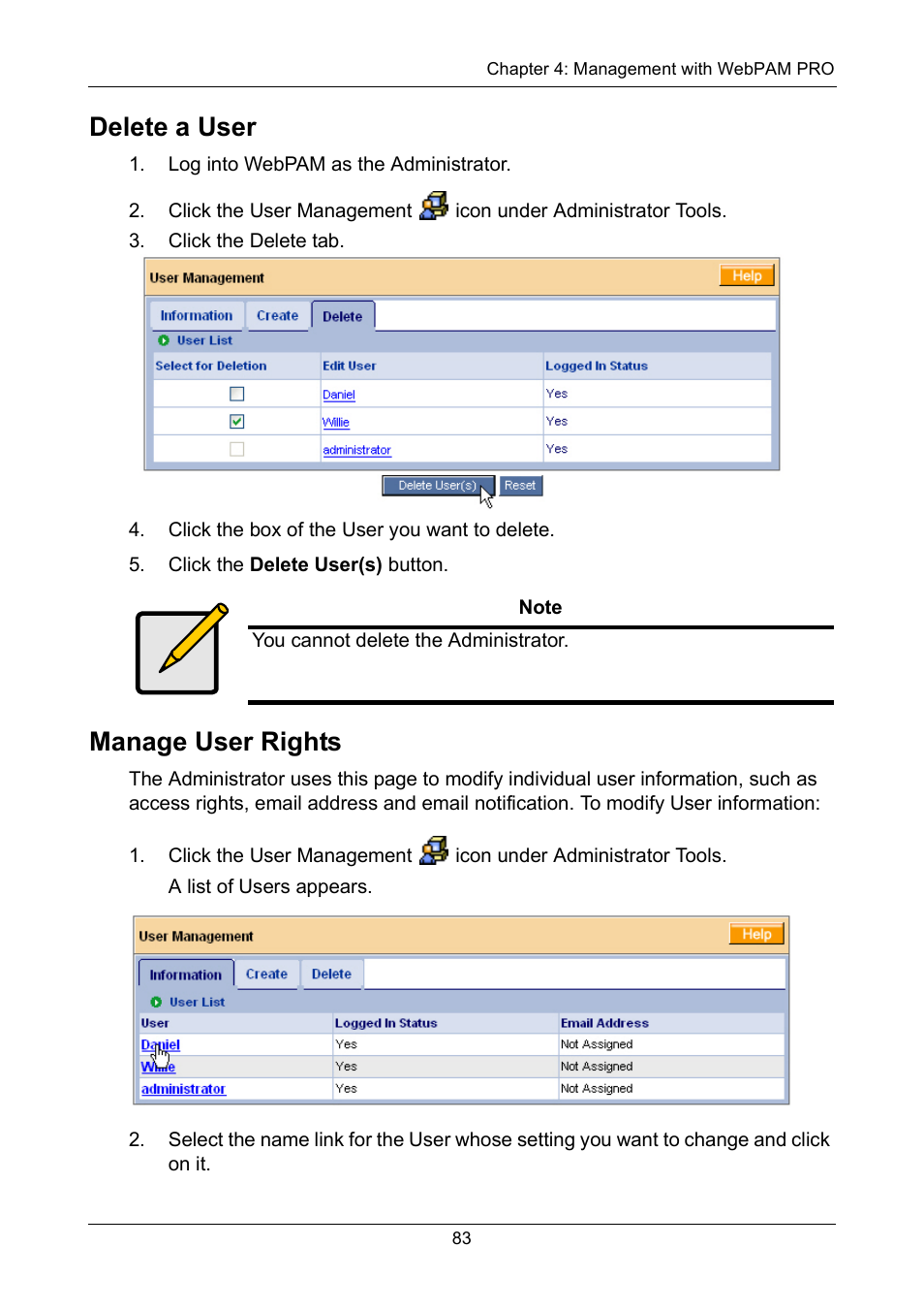 Delete a user, Manage user rights, Delete a user manage user rights | Promise Technology VTrak 15110 User Manual | Page 91 / 264