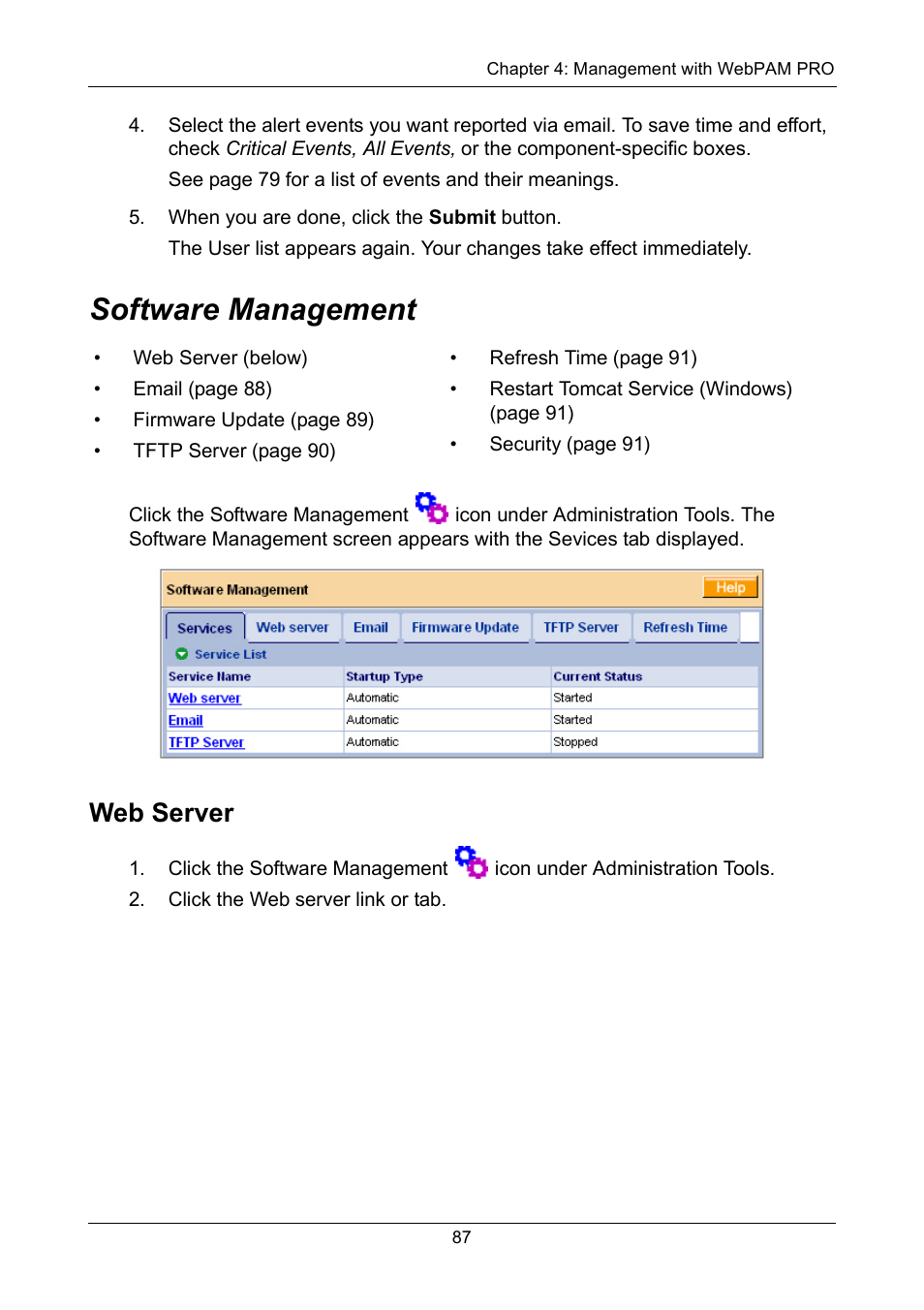 Software management, Web server | Promise Technology VTrak 15110 User Manual | Page 95 / 264