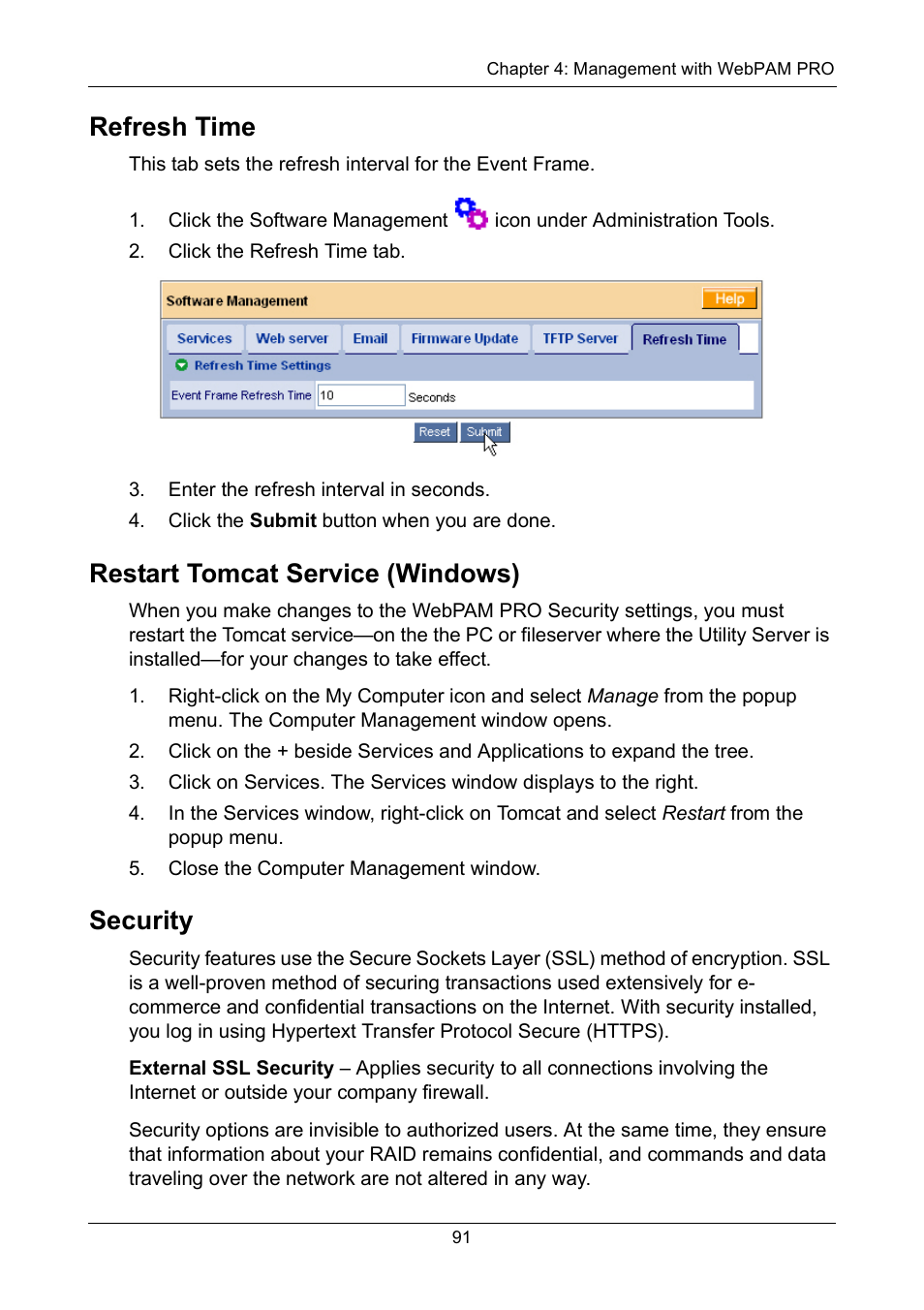 Refresh time, Restart tomcat service (windows), Security | Promise Technology VTrak 15110 User Manual | Page 99 / 264