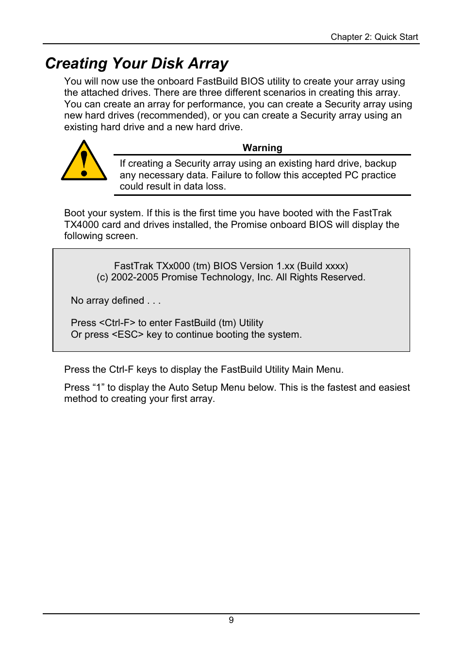 Creating your disk array | Promise Technology FastTrak TX4000 User Manual | Page 13 / 76