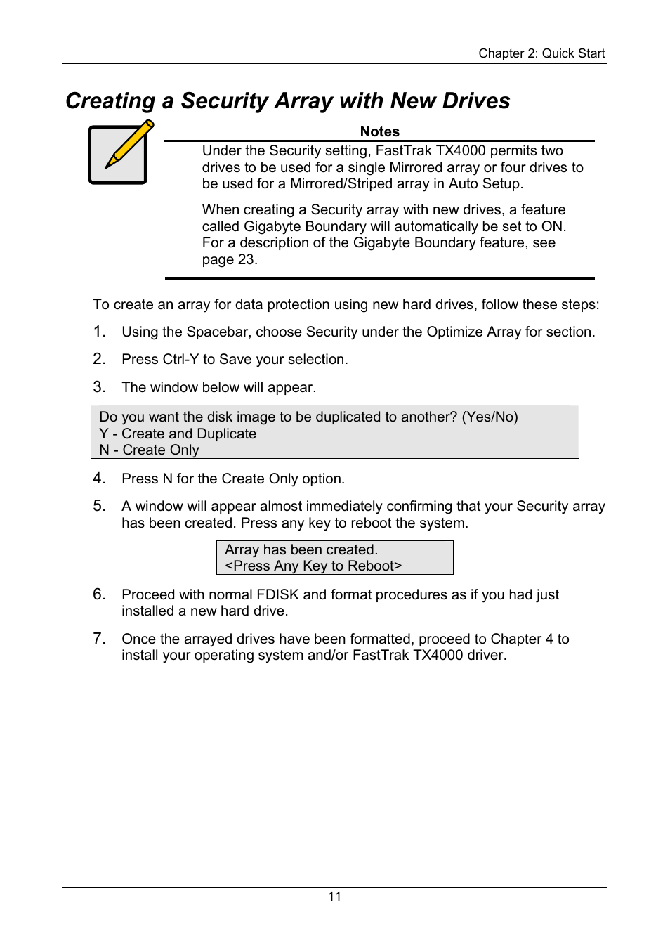 Security array with new drives, Creating a security array with new drives | Promise Technology FastTrak TX4000 User Manual | Page 15 / 76