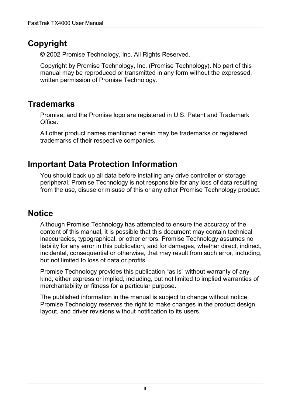 Copyright, Trademarks, Important data protection information | Notice | Promise Technology FastTrak TX4000 User Manual | Page 2 / 76