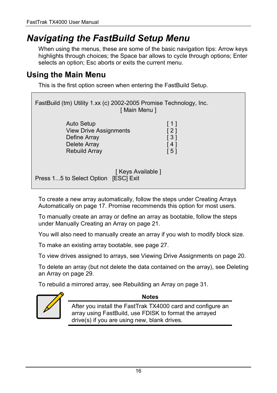 Fastbuild setup menu, Navigating the fastbuild setup menu, Using the main menu | Promise Technology FastTrak TX4000 User Manual | Page 20 / 76