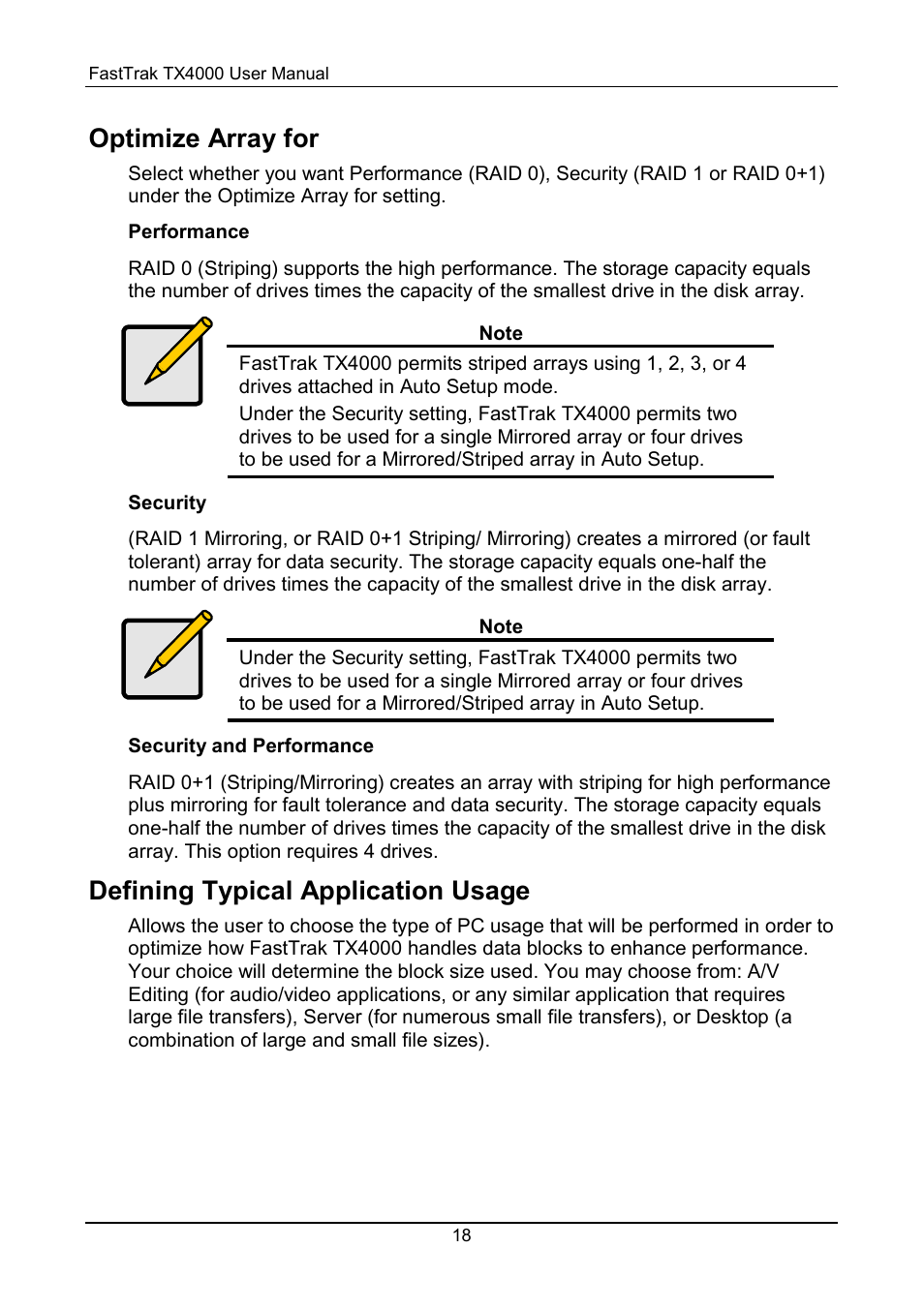 Optimize array, Typical application usage, Optimize array for | Defining typical application usage | Promise Technology FastTrak TX4000 User Manual | Page 22 / 76