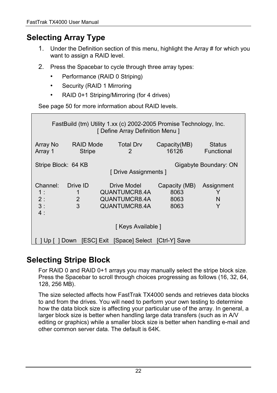 Array type, Stripe block, Selecting array type | Selecting stripe block | Promise Technology FastTrak TX4000 User Manual | Page 26 / 76