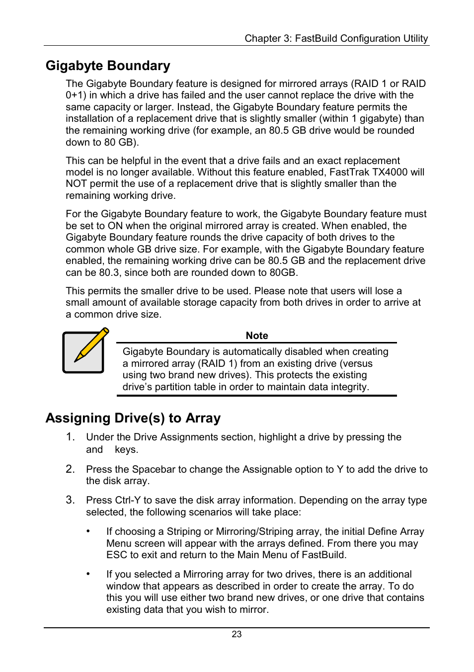 Gigabyte boundary, Assigning drive(s) to array | Promise Technology FastTrak TX4000 User Manual | Page 27 / 76