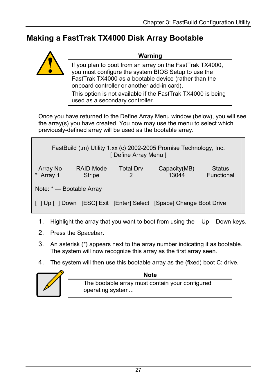 Bootable disk array, Making a fasttrak tx4000 disk array bootable | Promise Technology FastTrak TX4000 User Manual | Page 31 / 76